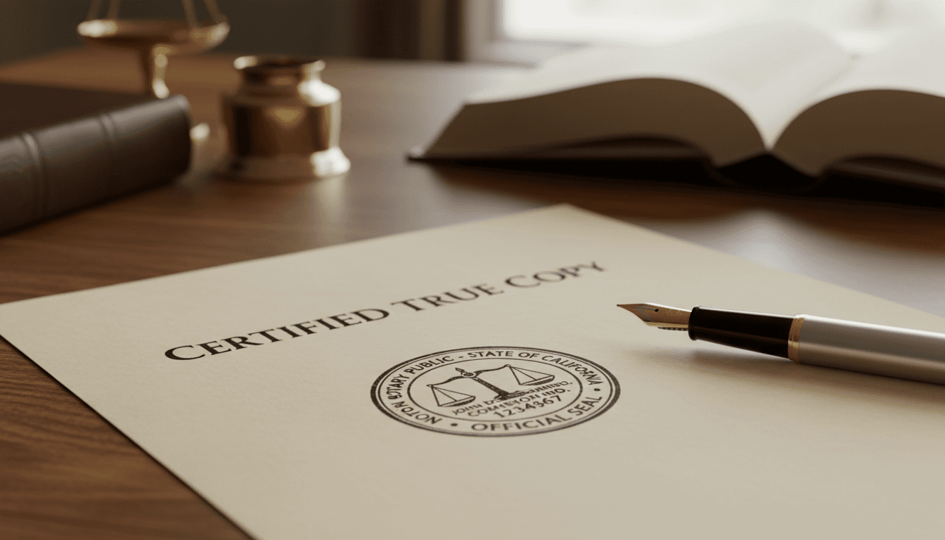 Notary stamp on document on wooden desk with pen