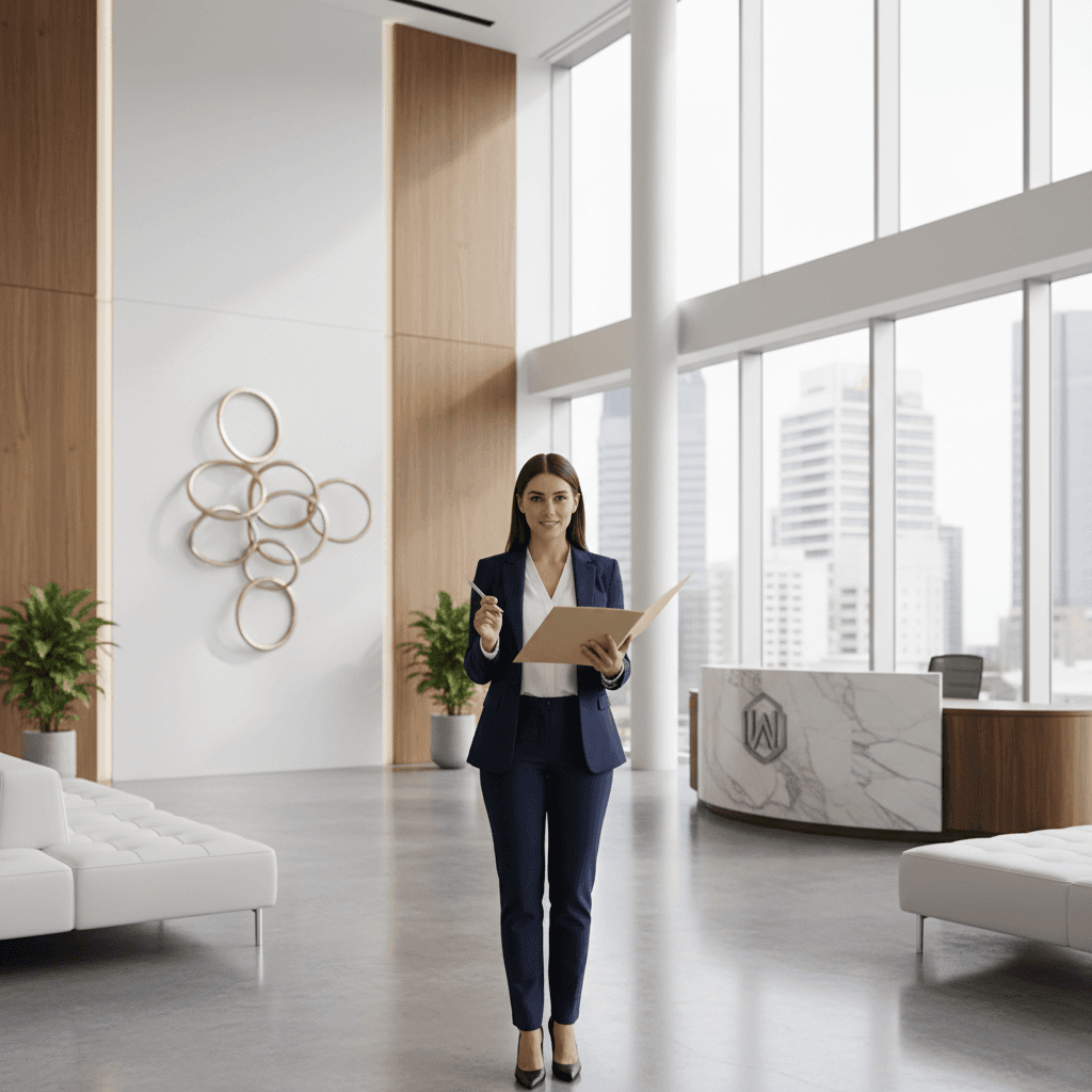 Woman with documents in office lobby