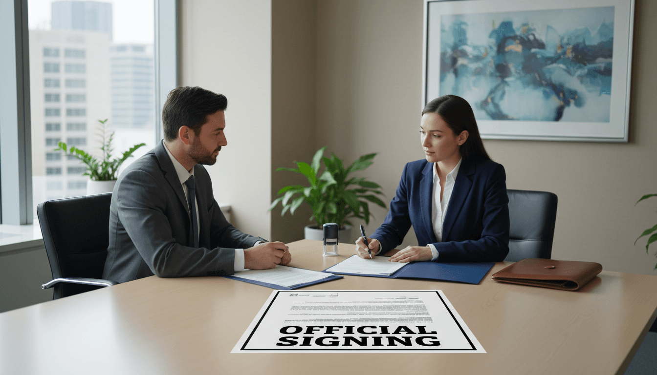 Notary reviewing documents at a signing appointment