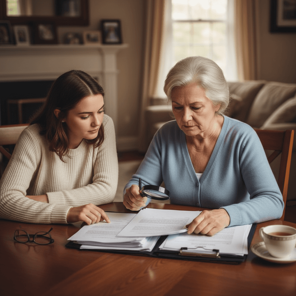 Senior reviewing documents at home