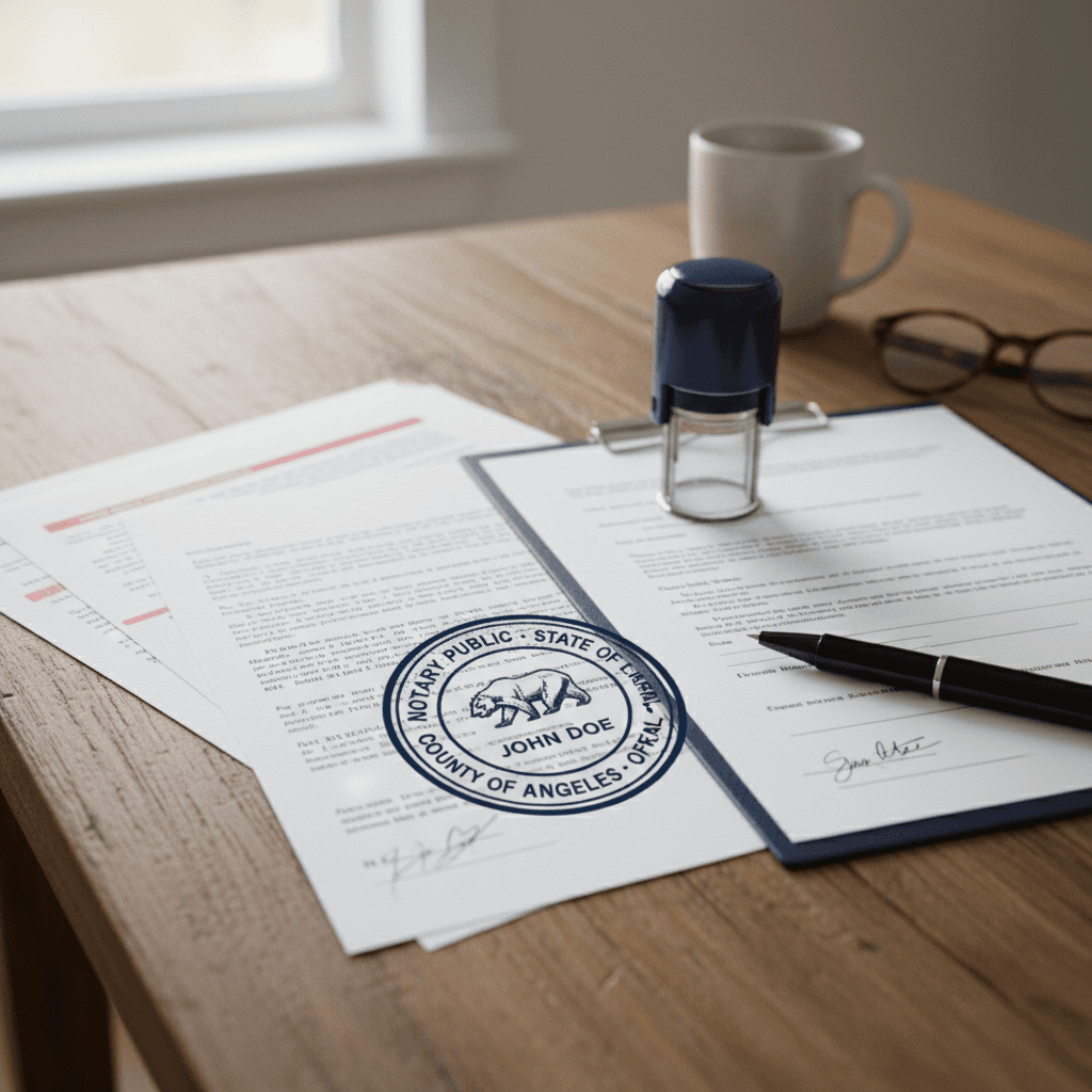 Notary stamp on documents at kitchen table